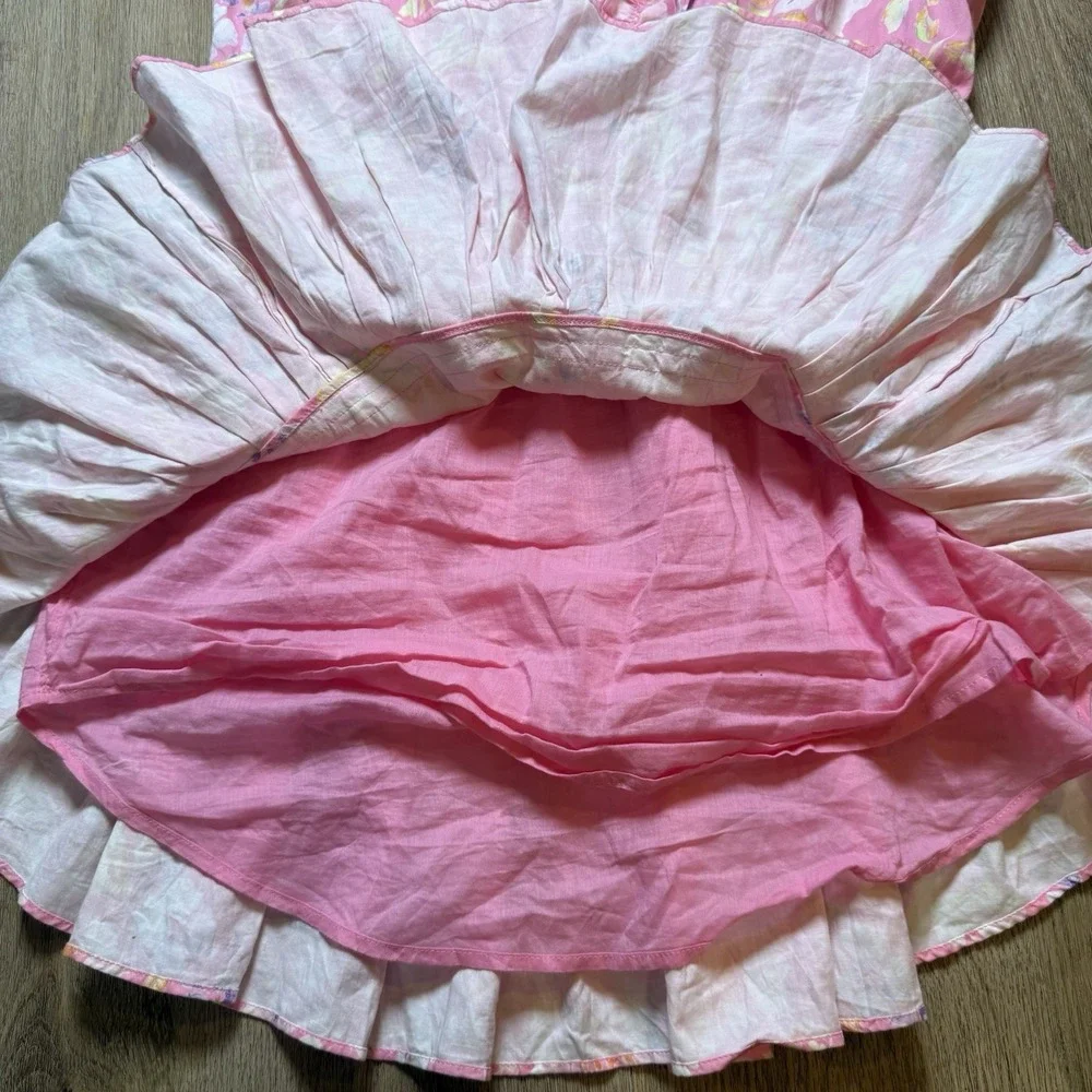 LoveShackFancy Ellis Mini Pink Party Bash Ruffle V-neck Cotton Summer Dress M - Picture 3 of 8